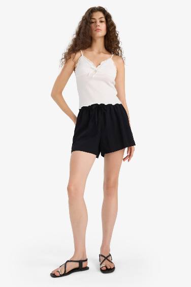 Normal Flexible Waist Pocketed Linen Blend Black Shorts