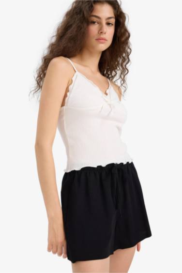 Normal Flexible Waist Pocketed Linen Blend Black Shorts