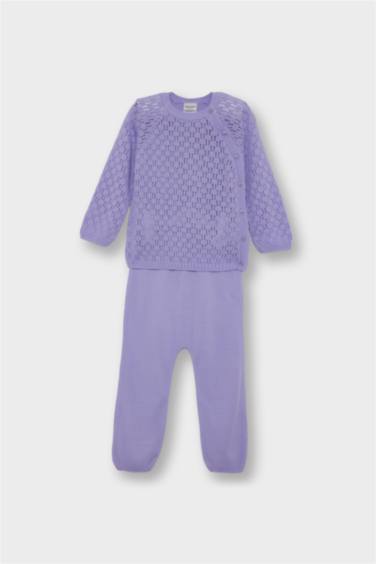 Kız Bebek 2'li Takım Ajurlu Triko Kazak Alt