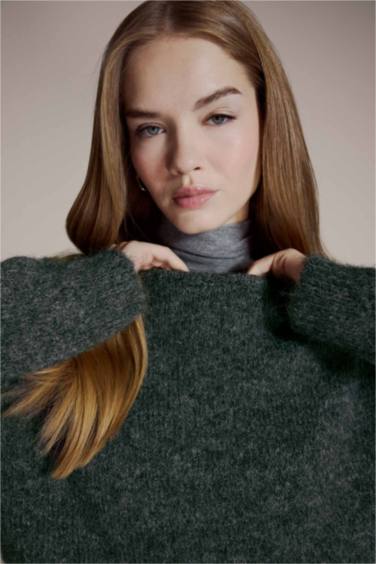 Yün Karışımlı Bisiklet Yaka Oversize Fit Triko Kazak