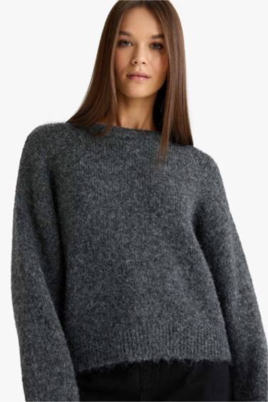 Yün Karışımlı Bisiklet Yaka Oversize Fit Triko Kazak