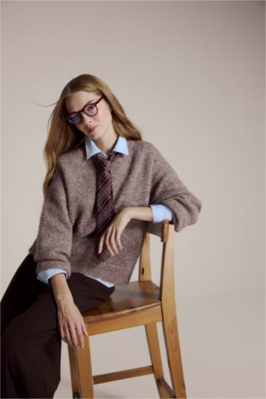 Yün Karışımlı Bisiklet Yaka Oversize Fit Triko Kazak