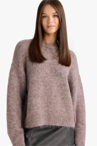 Yün Karışımlı Bisiklet Yaka Oversize Fit Triko Kazak