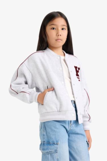 Girl College Collar Back Printed Bomber Jacket