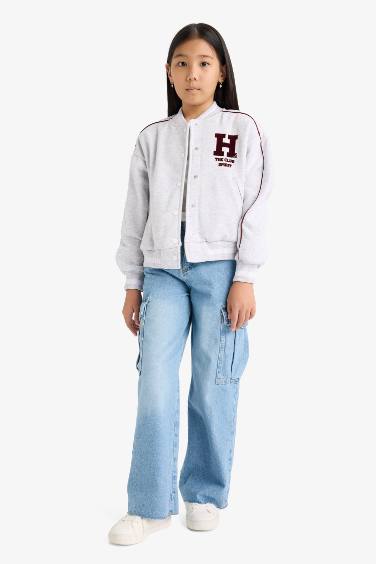 Girl College Collar Back Printed Bomber Jacket