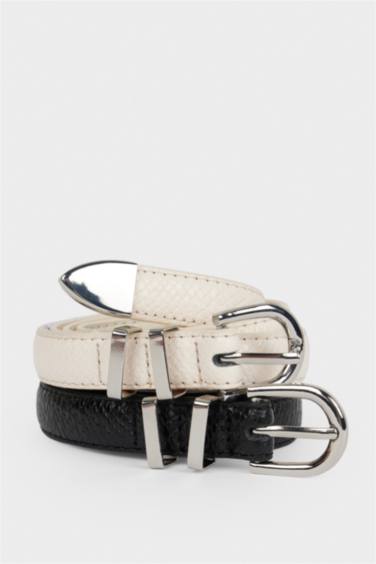 Kadın Oval Toka Suni Deri 2'li Günlük Kemer