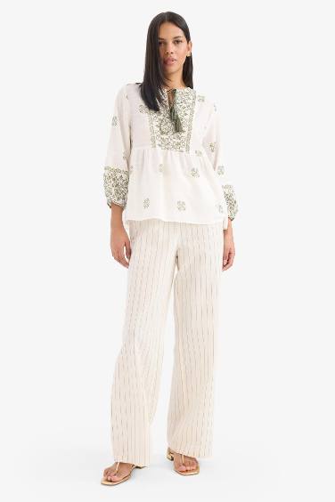 Regular Fit Çizgili Esnek Yüksek Belli Keten Karışımlı Palazzo Pantolon