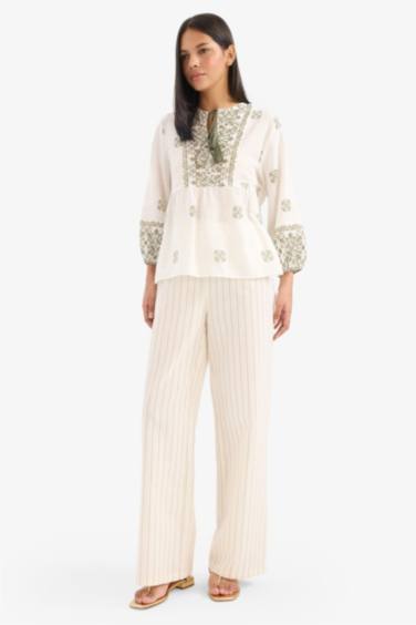 Regular Fit Çizgili Esnek Yüksek Belli Keten Karışımlı Palazzo Pantolon