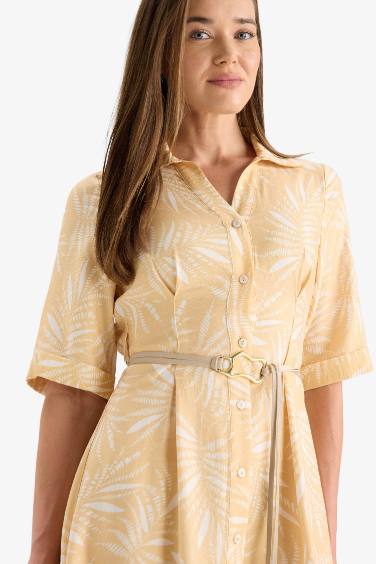 Gömlek Yaka Desenli Bağcıklı Kısa Kollu Midi Elbise