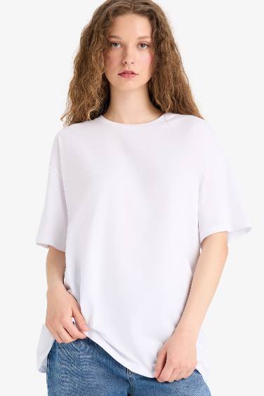Oversize Geniş Kalıp Bisiklet Yaka Basic Düz Kısa Kollu Tişört