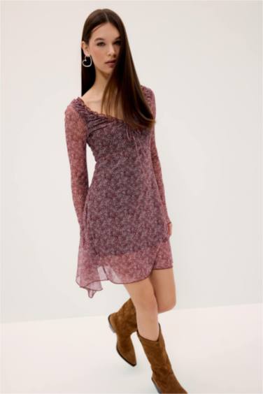 V Yaka Çiçekli Tül Uzun Kollu Mini Elbise