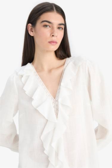 Oversize Geniş Kalıp V Yaka Pamuklu Volanlı Uzun Kollu Bluz