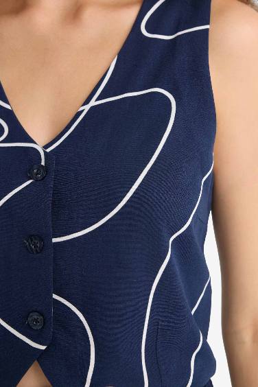 Блейзер-жилет из смеси льна с цветочным узором и V-образным вырезом