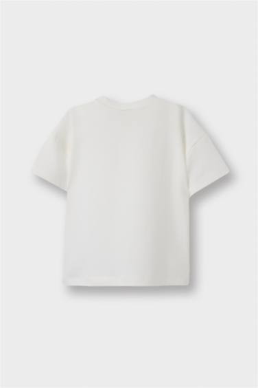 Kız Bebek Bisiklet Yaka Baskılı Kısa Kollu Tişört