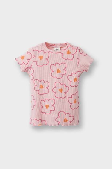 Kız Bebek Bisiklet Yaka Çiçek Desenli Fitilli Kaşkorse Kısa Kollu Tişört