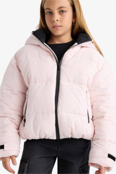 Kız Çocuk Su Geçirmez Kapüşonlu Fermuarlı Şişme Mont