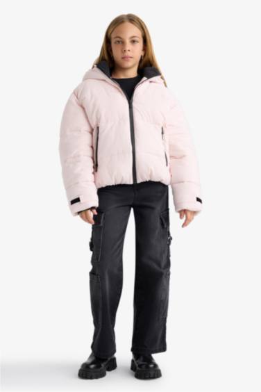 Kız Çocuk Su Geçirmez Kapüşonlu Fermuarlı Şişme Mont