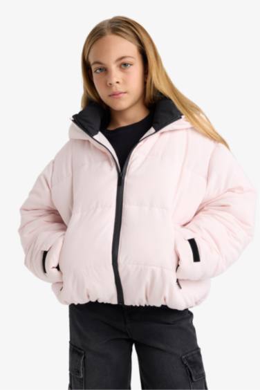 Kız Çocuk Su Geçirmez Kapüşonlu Fermuarlı Şişme Mont