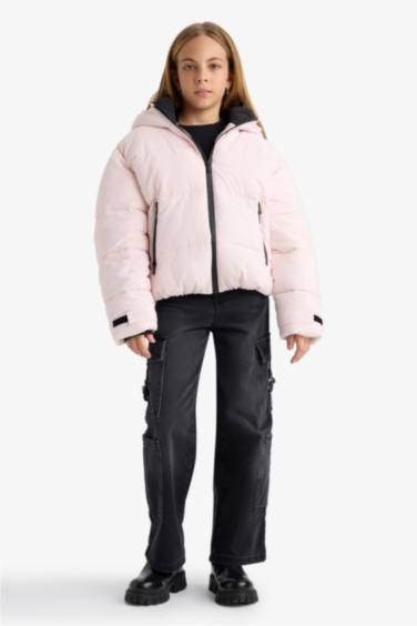 Kız Çocuk Su Geçirmez Kapüşonlu Fermuarlı Şişme Kayak Montu