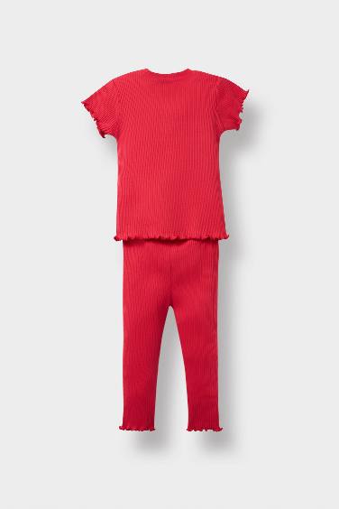 طقم بيبي بناتي تيشيرت وليجن مضلع قصة عادية - قطعتين