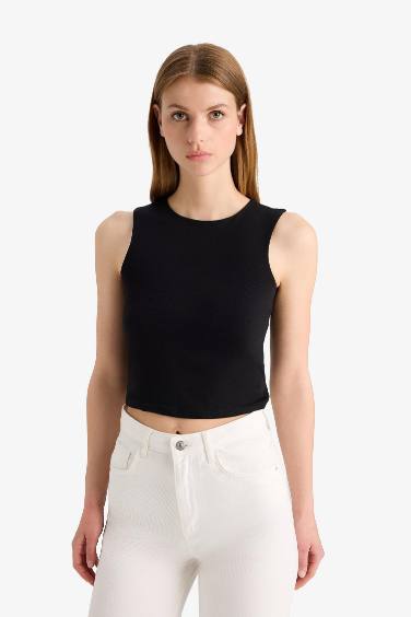 Regular Fit Basic Crew Neck Black Tank Top
