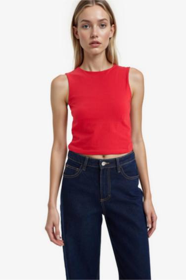 Regular Fit Basic Crew Neck Red Tank Top