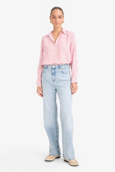 قميص كم طويل بينك قصة عادية