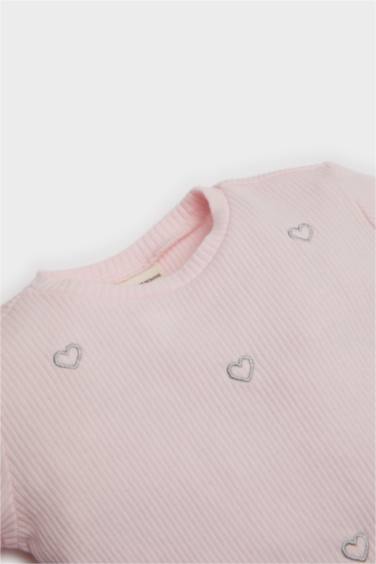 Baby Girl Crew Neck Heart Patterned T-Shirt