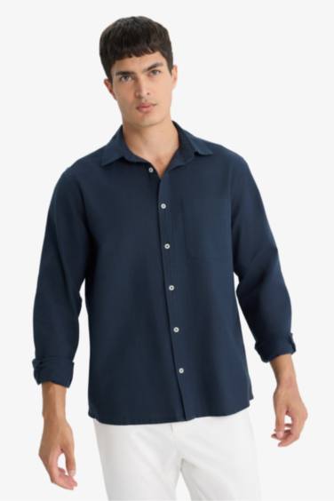 Регулярный крой, поло-воротник, хлопковая рубашка с длинными рукавами