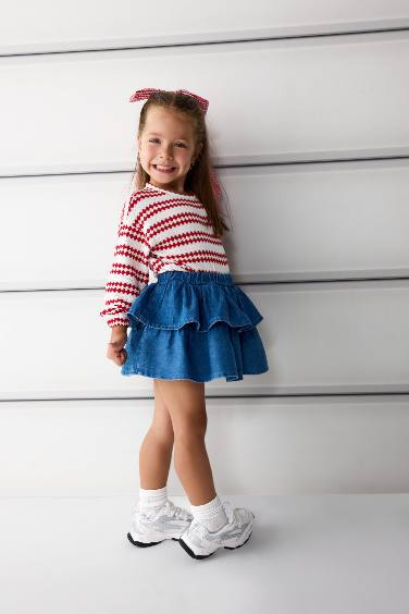 Kız Bebek Beli Lastikli Katlı Jean Etek