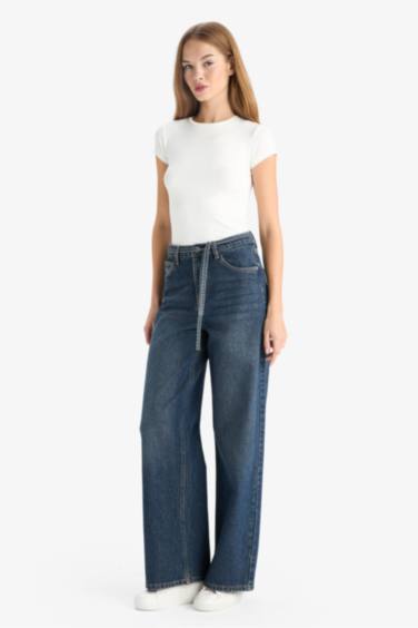 Wide Leg Regular Hem Denim Trousers