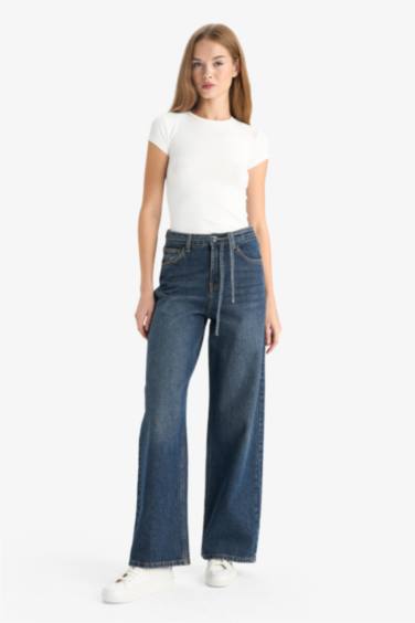 Wide Leg Regular Hem Denim Trousers