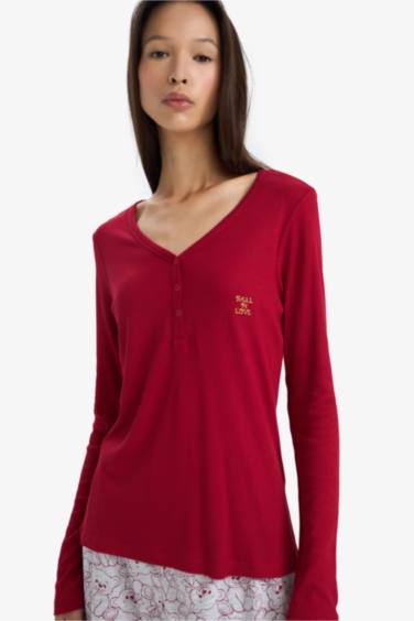 Regular Fit V Yaka Uzun Kollu Fitilli Kaşkorse Pijama Üstü-Fall in Love