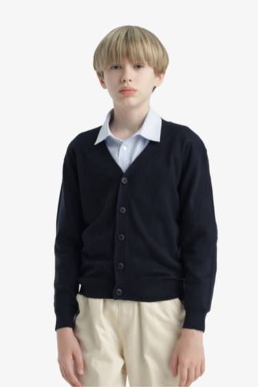 Erkek Çocuk V Yaka Düğmeli Okul Triko Hırkası