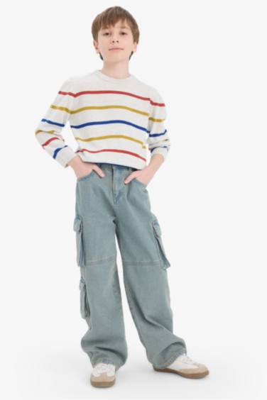 بلوفر اولادي تريكو مخطط قصة عادية بياقة مستديرة