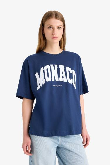 Oversize Fit Crew Neck Slogan Printed Cotton T-Shirt