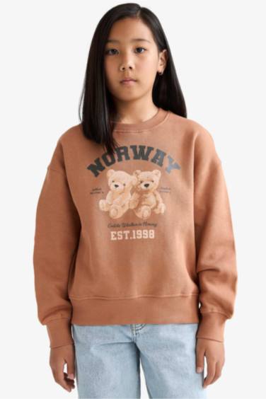 سويت شيرت بناتي قصة مريحة ببطانة ناعمة وطبعة أنيمة