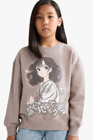 سويت شيرت بناتي قصة مريحة ببطانة ناعمة وطبعة أنيمة