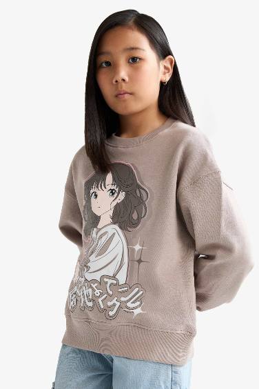 سويت شيرت بناتي قصة مريحة ببطانة ناعمة وطبعة أنيمة