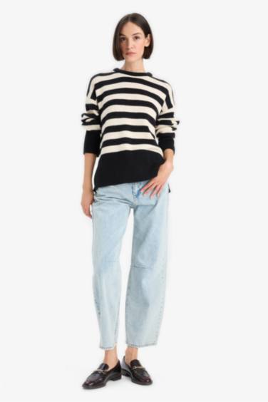 Oversize Geniş Kalıp Bisiklet Yaka Çizgili Triko Kazak