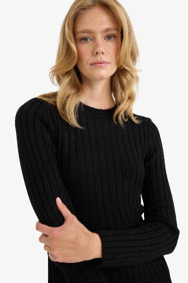 Bisiklet Yaka Ribana Uzun Kollu Mini Elbise