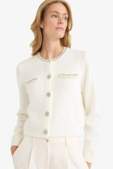 Regular Fit Crew Neck Embroidered Knitwear Cardigan