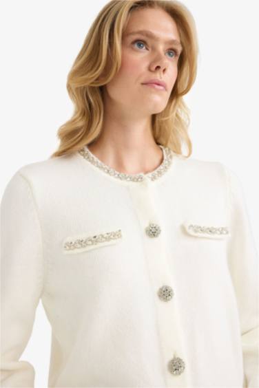 Regular Fit Crew Neck Embroidered Knitwear Cardigan