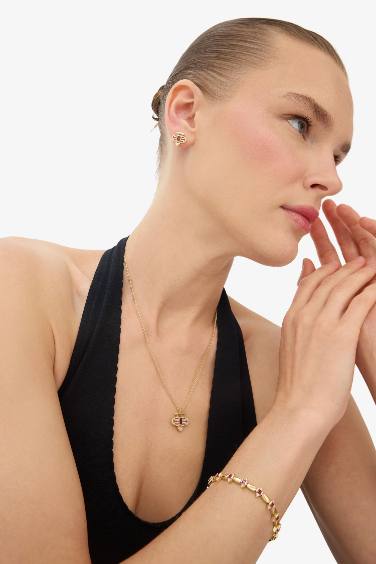 Reis x DeFacto 14 Ayar Altın Kaplama Ruby Prego Kadın Mor Taşlı Gold Kolye Küpe Seti