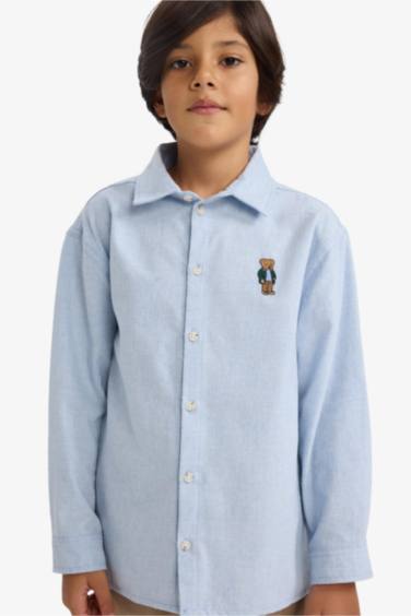 Erkek Çocuk Oversize Geniş Kalıp Ayı Nakışlı Polo Yaka Flanel Uzun Kollu Gömlek