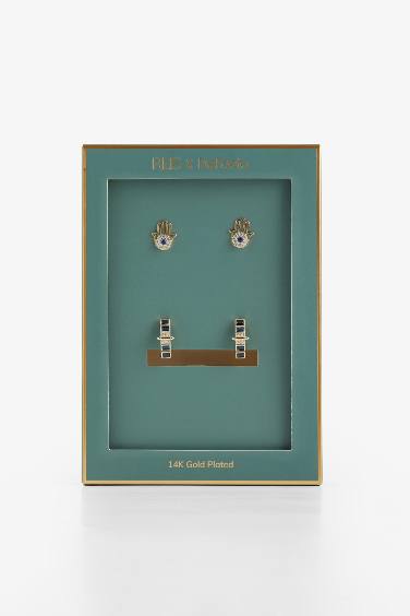 Reis x DeFacto 14 Ayar Altın Kaplama Zaffiro Twin Kadın 2'li Fatma Ana Eli ve Mavi Taşlı Gold Küpe