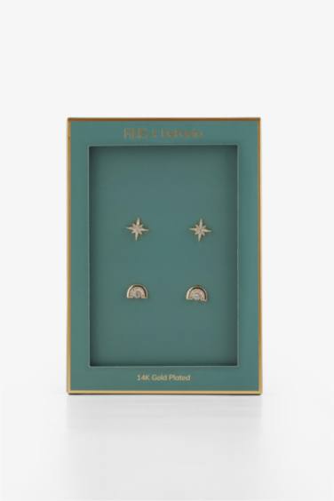 Reis x DeFacto Gold Plated Stella Duo 2 Piece Star and Stone Gold Earring