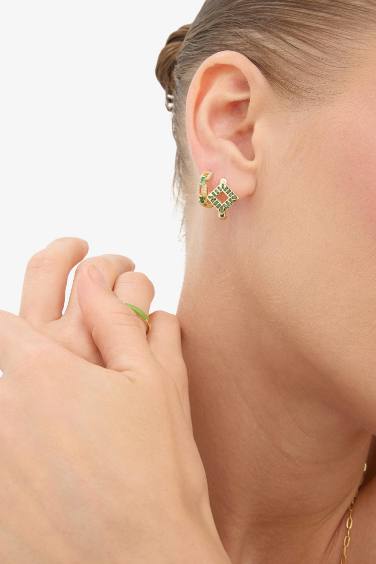 Reis x DeFacto 14 Ayar Altın Kaplama Mosaic Green Kadın 2'li Zümrüt Yeşili Taşlı Gold Küpe