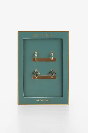 Reis x DeFacto 14 Ayar Altın Kaplama Mosaic Green Kadın 2'li Zümrüt Yeşili Taşlı Gold Küpe