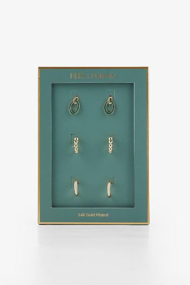 Reis x DeFacto 14 Ayar Altın Kaplama Green Triple Shine Kadın 3'lü Gold ve Yeşil Küpe